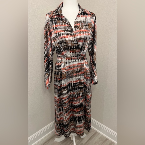 See U Soon Women's A-Line Faux Wrap Midi Dress w/Long Sleeves in Gray & Coral S - Picture 1 of 10
